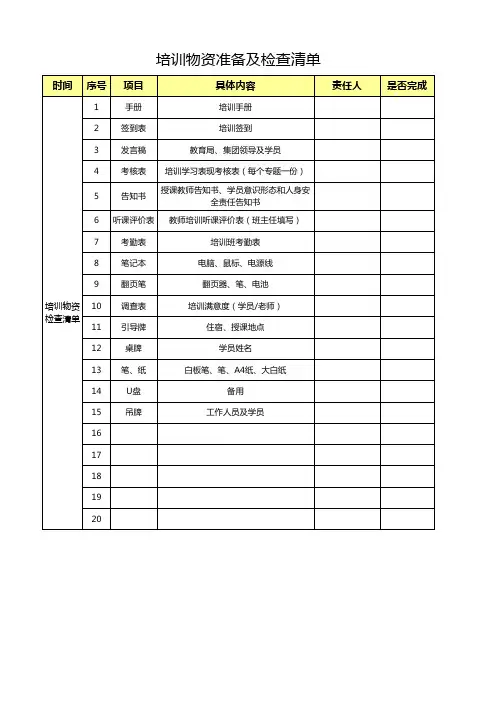 培训工作前期准备及培训过程中清单