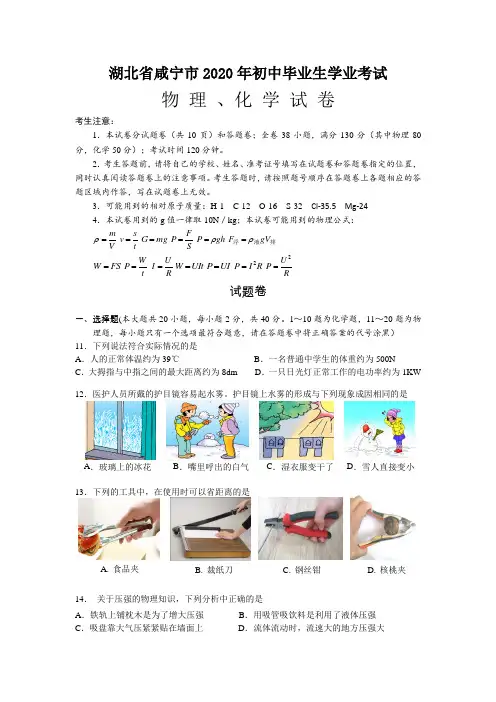 2020年湖北省咸宁市中考物理试卷