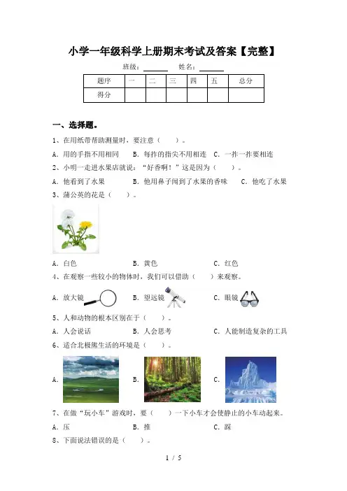 小学一年级科学上册期末考试及答案【完整】
