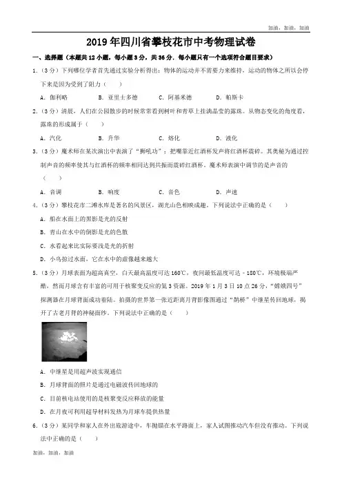 2019年四川省攀枝花市中考物理试题(Word版,含解析)