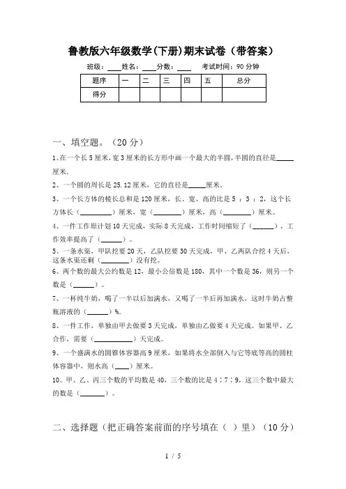 鲁教版六年级数学(下册)期末试卷(带答案)