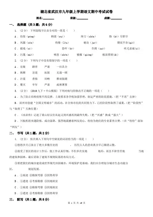 湖北省武汉市九年级上学期语文期中考试试卷