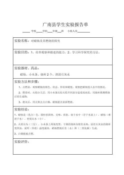 九年级化学实验报告单