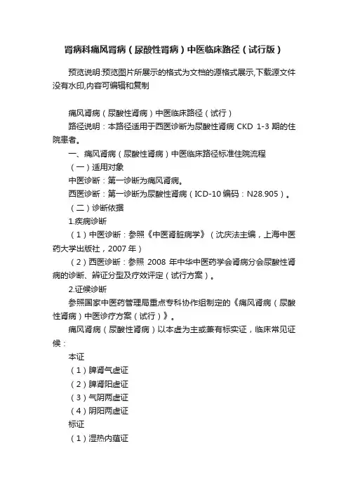 肾病科痛风肾病（尿酸性肾病）中医临床路径（试行版）