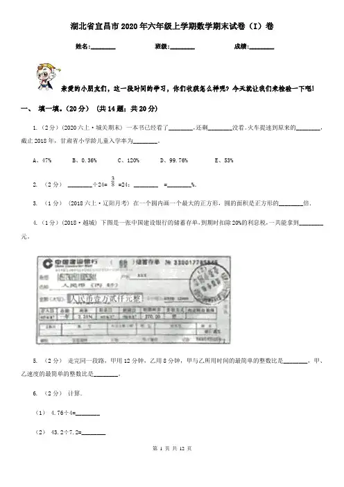 湖北省宜昌市2020年六年级上学期数学期末试卷(I)卷