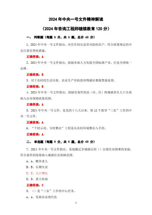 2024年中央一号文件精神解读(2024年咨询工程师继续教育120分)