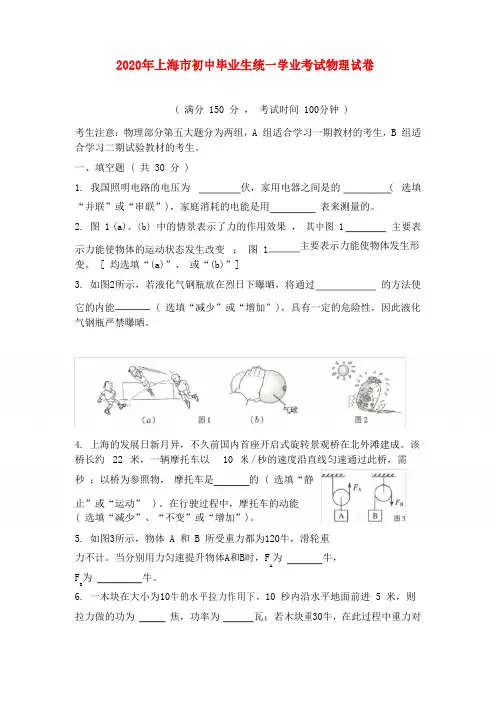 2020年上海市初中毕业生统一学业考试物理试卷 上教版
