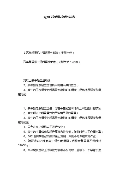 QYK起重机起重性能表