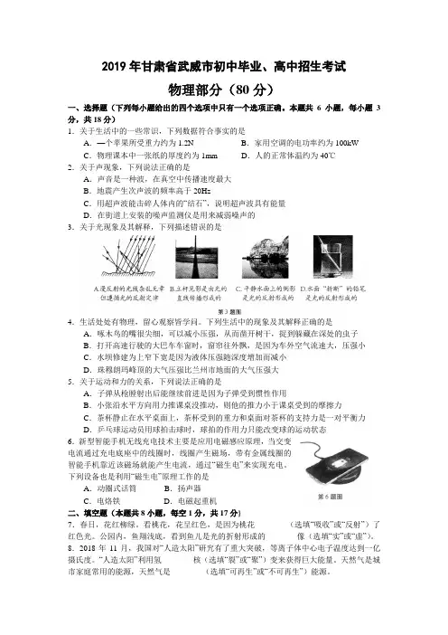 2019年甘肃省武威市初中毕业、高中招生考试物理试卷(word版有答案)
