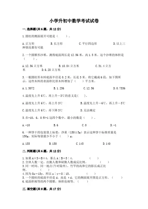 小学升初中数学考试试卷及完整答案(历年真题)