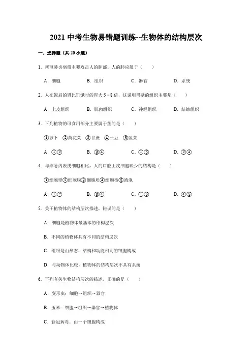 2021学年中考生物复习—生物体的结构层次易错题集锦
