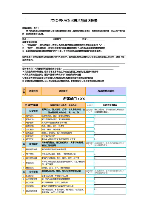 OA办公功能需求调研表
