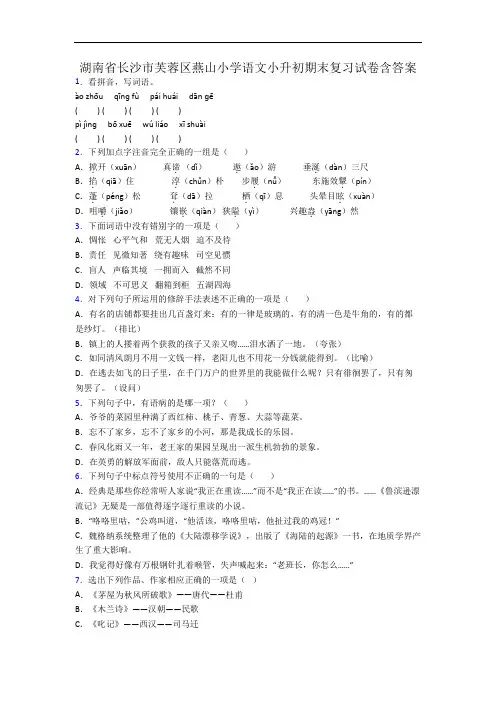 湖南省长沙市芙蓉区燕山小学语文小升初期末复习试卷含答案