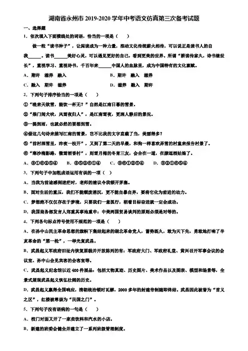 湖南省永州市2019-2020学年中考语文仿真第三次备考试题含解析