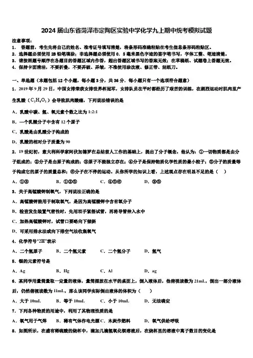 2024届山东省菏泽市定陶区实验中学化学九上期中统考模拟试题含解析