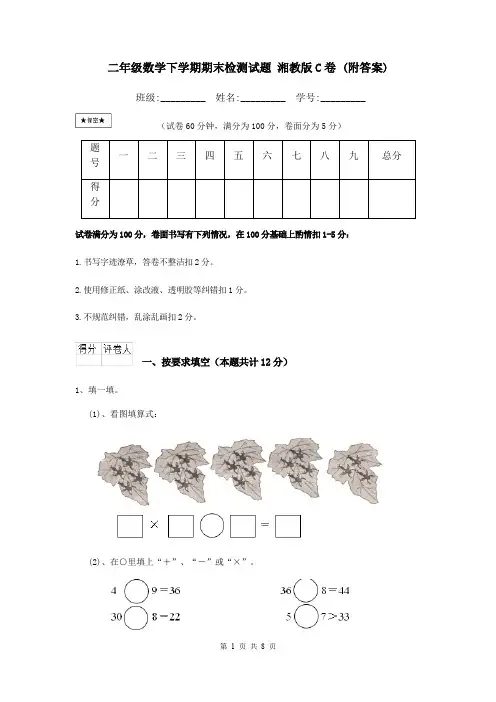 二年级数学下学期期末检测试题 湘教版C卷 (附答案)