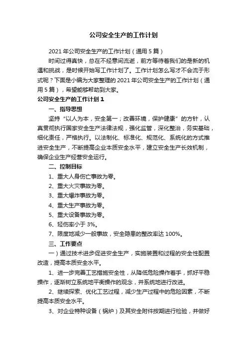 2021年公司安全生产的工作计划（通用5篇）