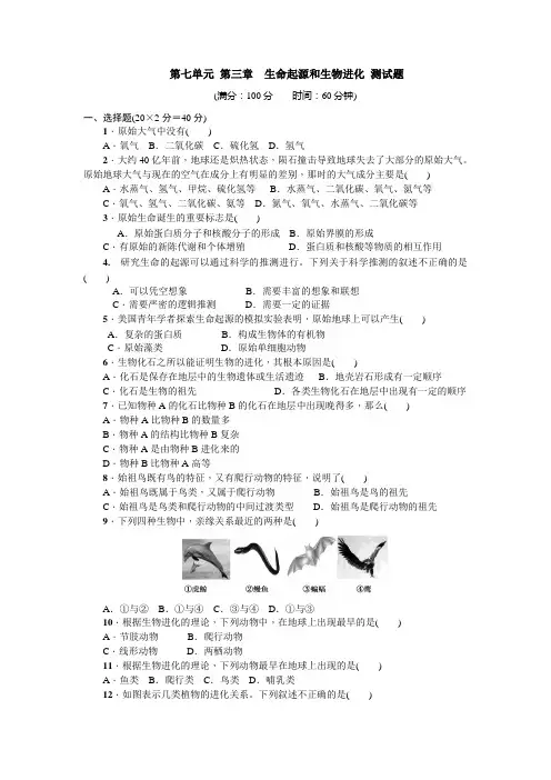 鲁科版-生物-八年级下册-第八单元 第三章 生物的进化 测试题 学生版无答案