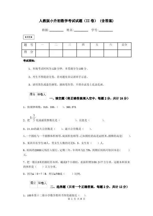 人教版小升初数学考试试题(II卷) (含答案)