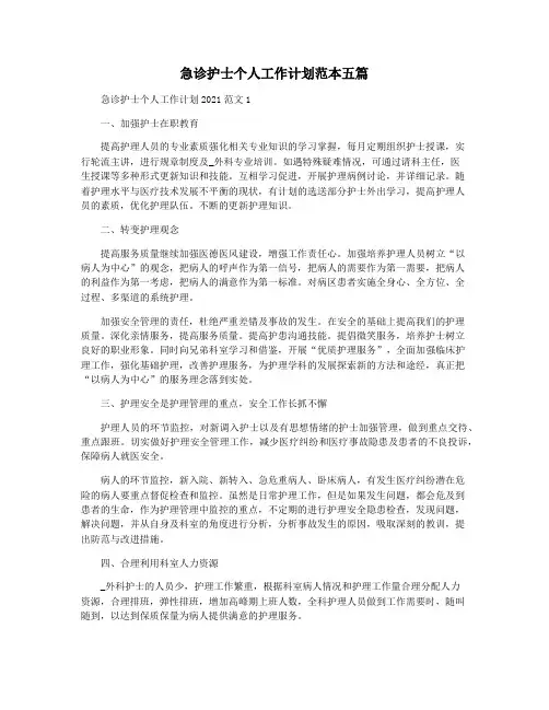 急诊护士个人工作计划范本五篇