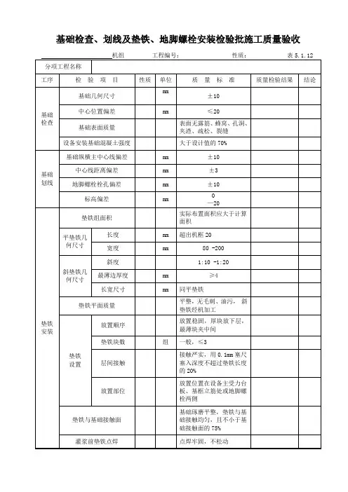 DLT5210.2-2018表5.1.12基础检查、划线及垫铁、地脚螺栓安装检验批施工质量验收