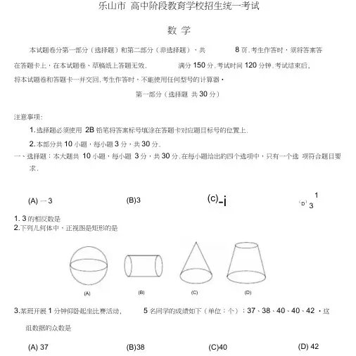 四川省乐山市中考数学真题试题(含扫描答案).doc