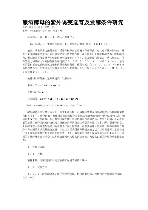 酿酒酵母的紫外诱变选育及发酵条件研究