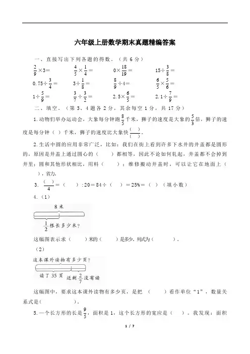 六年级上册数学期末真题精编答案