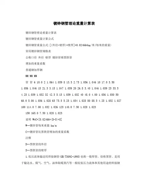 镀锌钢管理论重量计算表