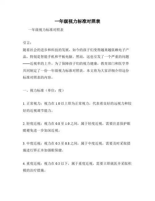 一年级视力标准对照表