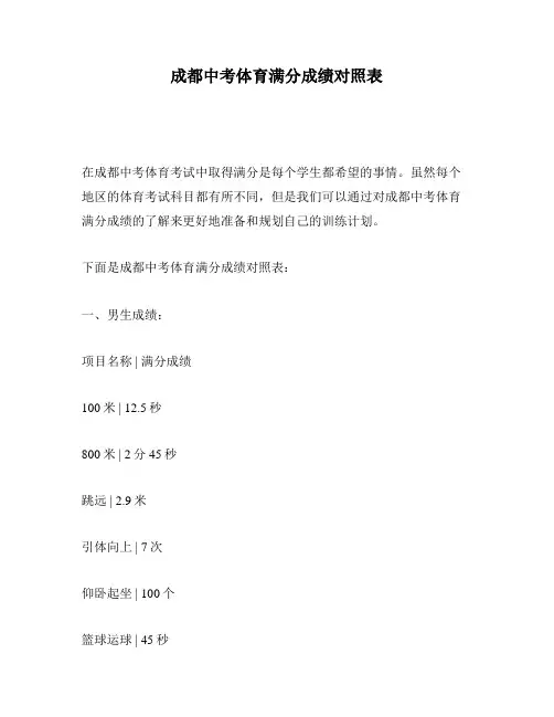 成都中考体育满分成绩对照表