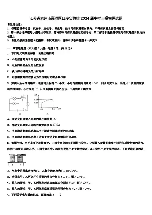 江苏省泰州市高港区口岸实验校2024届中考三模物理试题含解析