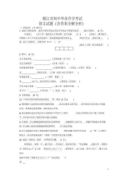 2016年江苏镇江语文中考试卷(试卷+答案)