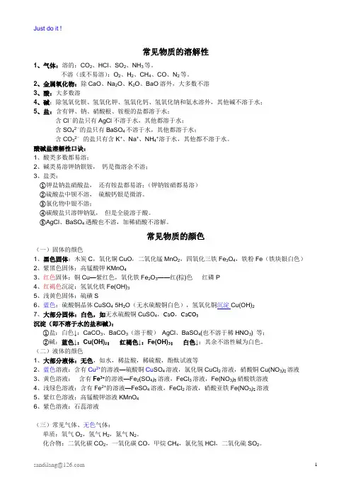 常见物质的溶解性、颜色、俗称