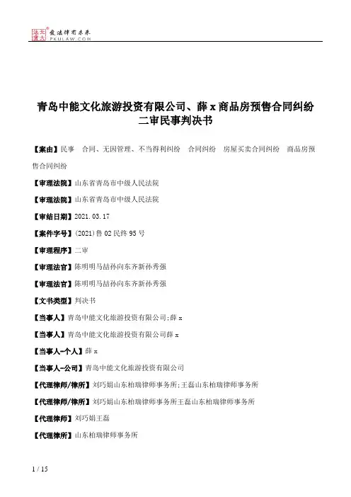 青岛中能文化旅游投资有限公司、薛ｘ商品房预售合同纠纷二审民事判决书
