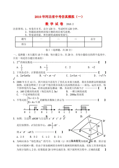 2010年河北省中考数学仿真模拟(一) 人教新课标版