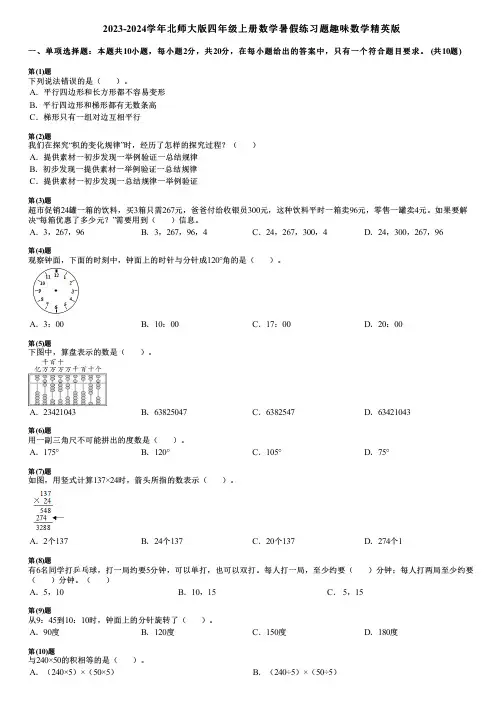 2023-2024学年北师大版四年级上册数学寒假练习题趣味数学精英版