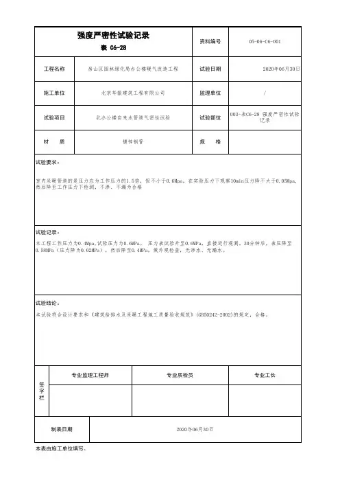 003-表C6-28 强度严密性试验记录