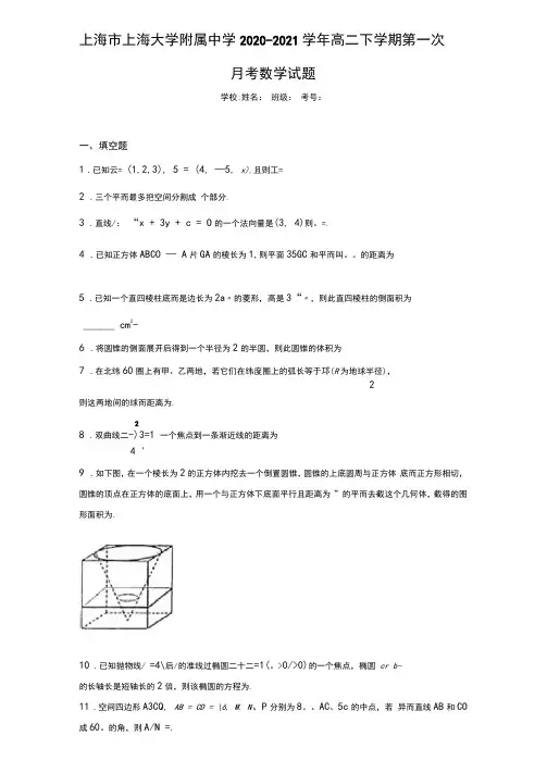 上海市上海大学附属中学2020-2021学年高二下学期第一次月考数学试题