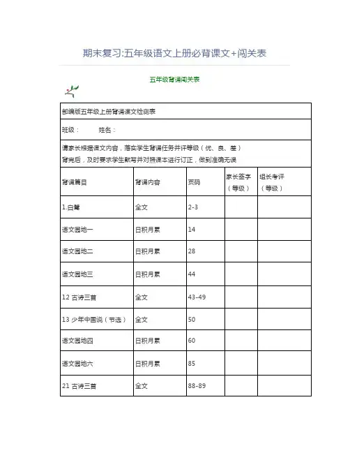 期末复习五年级语文上册必背课文+闯关表