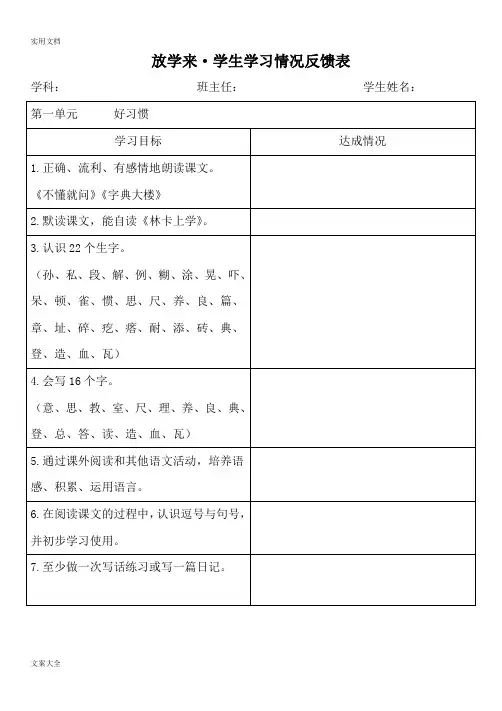 二年级语文学生学习情况反馈表 2
