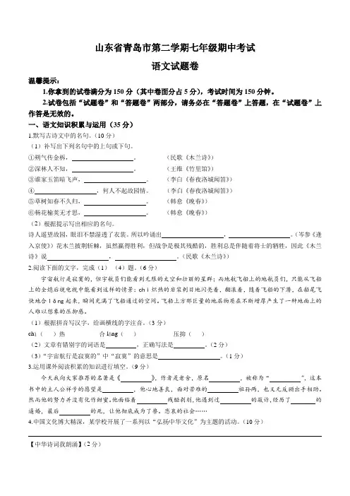 山东省青岛市七年级下学期期中语文试题及答案