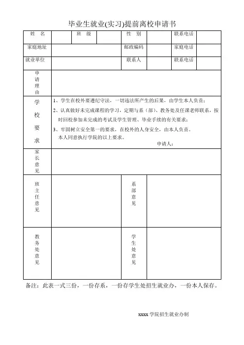 毕业生提前离校实习申请表