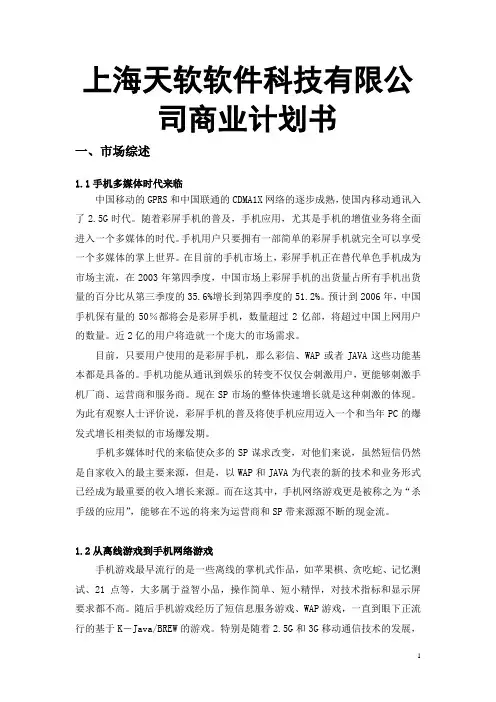 上海天软软件科技有限公司商业计划书