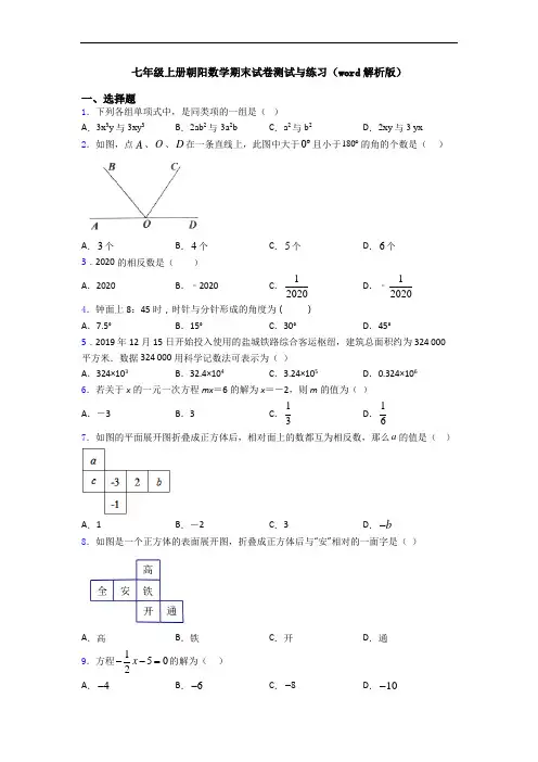 七年级上册朝阳数学期末试卷测试与练习(word解析版)