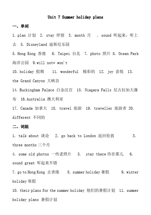 译林英语6BUnit7Summer holiday plans知识点归纳