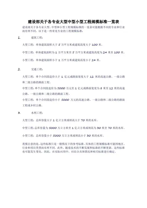 建设部关于各专业大型中型小型工程规模标准一览表