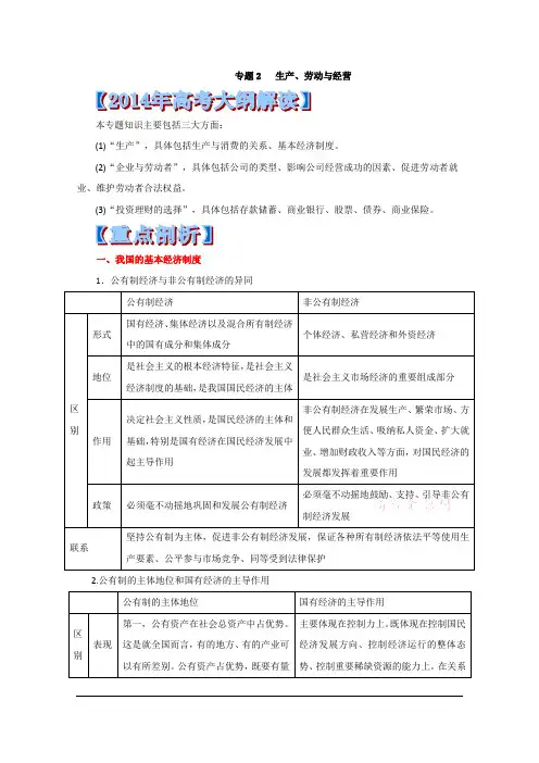 专题2  生产、劳动与经营-2014年高考政治考纲解读及热点难点试题演练 Word版含解析