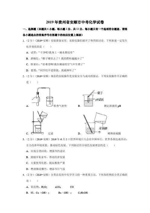 2019年贵州省安顺市中考化学试卷