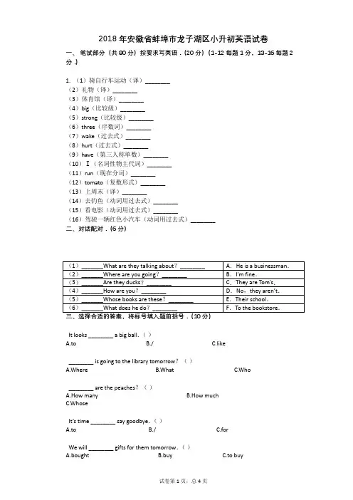 2018年安徽省蚌埠市龙子湖区小升初英语试卷